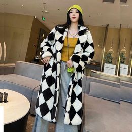 Women's Fur Autumn Winter Mid-Length Plaid Faux Rex Coat Women Casual Stand Collar Double Breasted Long Sleeve Overcoat