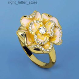 Solitaire Ring Classic 18k Gold Jewellery Golden Flower Women's Enamel Ring Fashion Zircon Flower Ring Bridal Jewellery Gift Handmade Epoxy Enamel YQ231207