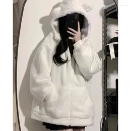 Women's Fur Gidyq Women Korean Coats Fashion Elegant Female Plush Hooded Jacket Winter Thick Warm Student Cute Loose Overcoat