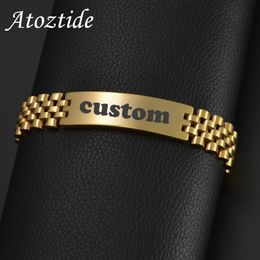 Charm Bracelets Atoztide 15mm Punk Men Personalised Engraved Name Date Bracelets for Women Thick Chain Bangle Stainless Steel Jewellery Gift 231206