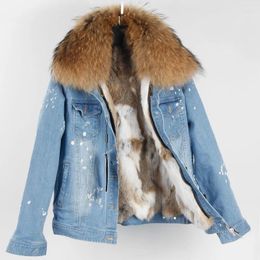 Women's Jackets Brand Denim Jacket 2023 Slim Rex Hair Liner Super Large Raccoon Hairy Collar Long-sleeved Female Coat