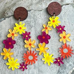 Dangle Earrings Cut Wood Round And Wild Flower Garland Teardrop Geometric For Women Summer Floral Boutique Jewellery
