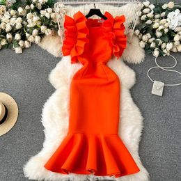 Casual Dresses Clothland Women Sexy Orange Mermaid Dress Ruffles O Neck Trumpet Zipper Party Event Holiday Midi Vestidos QD214