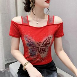 Women's T Shirts Brand Causal Butterfly Design European Clothes T-Shirt Sexy Off Shoulder Shiny Diamonds Mesh Elegant Tops Tees Blouse