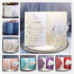 Błyszczące kartki z zaproszeniami ślubnymi Spring Flower Laser Cut Pocket Pocket Bridal Zaproszenie na zaproszenie na przyjęcie urodzinowe dla absolwentów