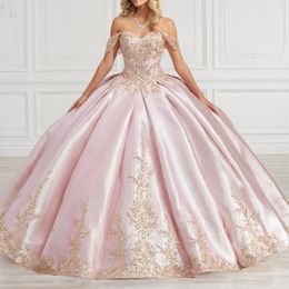 Light Pink Shiny Ball Gown Quinceanera Dress 2024 Princess Dress Gold Lace Appliques Beads Sweet 16 Dress vestidos 15 de