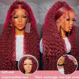 Red 99J Burgundy Coloured Brazilian Curly Front Human Hair Wigs Deep Wave Lace Frontal Wig13x4 HD Lace Front Wigs for Women