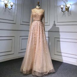 Party Dresses Serene Hill Gold A-Line Evening High Neck Muslim Luxury Beaded Long Arm Gowns 2023 For Women LA71378L