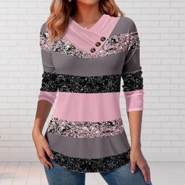 Women's Blouses Long Sleeve Shirt Colorblock Button Decor 3d Print Soft Plus Size Mid Length Pullover Fall Spring Top Cross