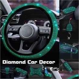 Steering Wheel Covers Sparkle Bling Rhinestone Er Centre Console Cushion Headrest Pillows Car Interior Protection Case Set Drop Delive Oty8L