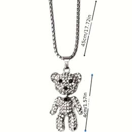 Titanium Steel 1pc Adjustable Rhinestone Bear Pendant Necklace Cool Hip Hop Sweater Chain Accessories