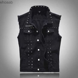 Men's Jackets New 2023 Denim Vest Men Punk Rock Rivet Black Jeans Waistcoat Fashion Motorcycle Style Sleeveless Red Cowboy Gilet Coat New YQ231207