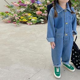 Trousers Korean Style Autumn Baby Girls Jeans Pants Blue Turndown Collar Jumpsuits Bodysuits With Pocket Kids Outwears