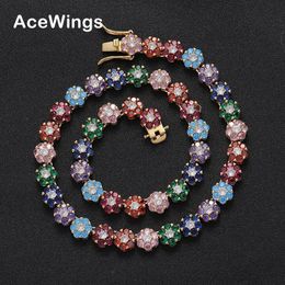 Pendant Necklaces 9MM Women Necklace Colourful Tennis Chain Brass Cubic Zirconia Flower Shape Chain Necklace For Gift BC223 231204