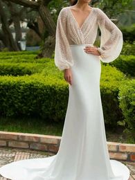 Elegant V-neck Mermaid Wedding Dress 2024 Top Sequin Long Puffy Sleeve Backless Bridal Party Gowns Robe De Mariage