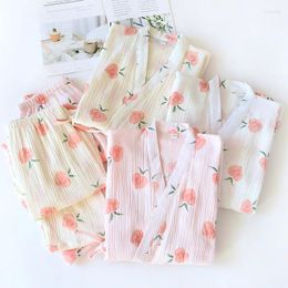 Women's Sleepwear Seven Pointed Sleeve Japanese Style Kimono Pajamas Set Female Spring Autumn Cotton Gauze Home Clothes