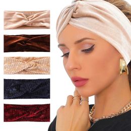 New Gold Velvet Cross Headband Wide Hair Band Solid Color Headwrap Elegant Autumn Winter Hair Accessories For Women Girls