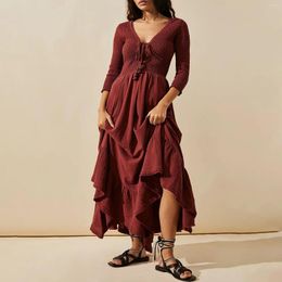 Casual Dresses Women Boho Flowy Maxi Dress For Puff Long Sleeve V Neck Embroidered Swing Tiered Free Beach
