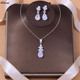 Luxury Crystals Bridal Wedding Jewelry Set Sparkling Water-drop Diamond Pendant Necklace Earrings Sparkly Women Jewelry Set Engagement Gift CL3021