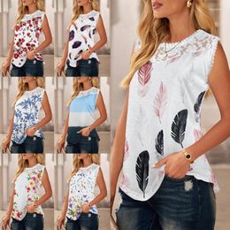 Women's Tanks Womens Summer Lace Sleeveless Tunic Shirt O-Neck Floral Print Loose Fit Top H7EF