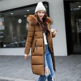 Women's Trench Coats Long Cotton-padded Jacket Hooded Down With Large Fur Collar