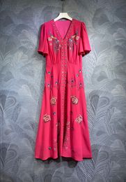 2024 Spring Floral Print Embroidery Sequins Dress Red Short Sleeve V-Neck Long Maxi Casual Dresses T3N291509