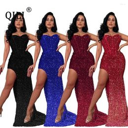 Casual Dresses QILI Strapless Sequined Dress Sexy Red Black Split Long Robe Womens Party Club Clothing Female Vestidos