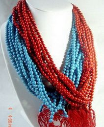 10Strings Tibetan 5-6MM Buddhist 108 Turquoise/Coral Prayer Beads Mala Necklace