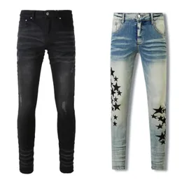 robin European and American street trendy ripped hole patched spray-painted jeans high street trendy men's slim-fitting pants