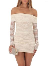 Casual Dresses Women's Off Shoulder Lace Dress Fashion Long Sleeve Ruched Bodycon Mini For Party Cocktail Club