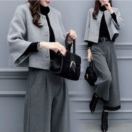 Women's Two Piece Pants Winter Thick Set Women Fashion Luxury Short Round Neck Tweed Jacket Loose Widelegged Trousers 2pcs Matching 231206