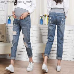 Maternity Bottoms 4XL Ripped Hole Denim Maternity Jeans Spring Autumn 9/10 Length Loose Straight Belly Pants Clothes for Pregnant Women Pregnancy Q231207