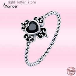 Solitaire Ring Bamoer Classic 925 Sterling Silver Vintage Spades Heart Ring for Women Noble Black Zircon Luxury Wedding Jewellery GXR746 YQ231207