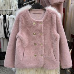 Women's Fur 2023 Winter Women O-neck Imitation Mink Cashmere Jacket Casual Double-breasted Long Sleeve Warm Coat White Apricot Pink