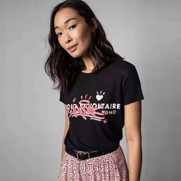 Zadig VoltaireWomen's T-Shirt 23ss Summer New French Style ZV Letter Love Print Hot Drill Cotton Round Neck Black Women's Short Sleeve T-Shirt