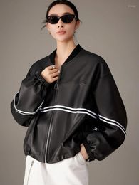 Women's Leather Cropped Oversize Genuine Jacket For Women 2023 Trend Stripe Stitching Design Baseball Uniform Motorcycle Sheepskin Coat