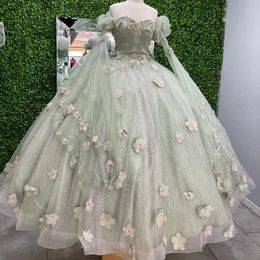 2024 Light Green Shiny Quinceanera Dress Ball Gown Off The Shoulder Flowers Appliques Beading Pageant Sweet 15 Party Wear Custom