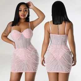 Casual Dresses Sexy Dress Black Pink European And American Women's Clothing Tight Mesh Drilling Night Club Slip