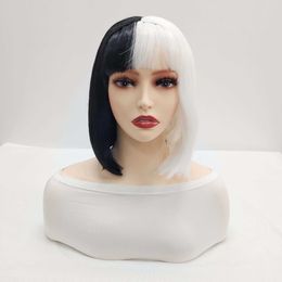 Cosplay wig set black and white female wig short straight wig