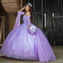 Lavender Shiny Quinceanera Dresses Ball Gown Off The Shoulder Corset Crystal Beading Appliques Lace Vestidos De 15 Anos