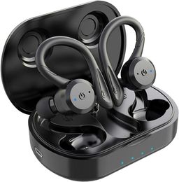 True Wireless Bluetooth 5.1 Sport Earhook Headphones - Running, IPX7 Waterproof, Stereo Sound, Built-in Mic, Earphones for Gym Workouts, Black