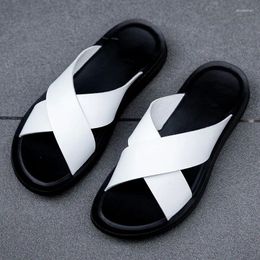 Slippers 2023 Fashion Men Real Leather Summer Black White/red/yellow Cross Over Men's Leisure Comfort Flat Sandals
