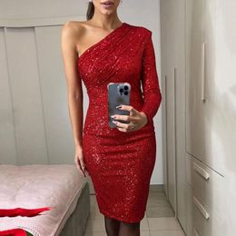 Casual Dresses Sequins Shiny Short Dress Long Sleeve Loose Club Party Mini For Women Elegant One Shoulder Wrap Chest Evening