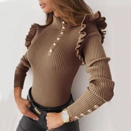 Women's T Shirts Long Sleeved Shirt Autumn Winter Sweatshirt Sleeve Rib Blouse Turtleneck Button Ruffle Sweater Elegant Slim Top