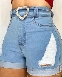 Women's Jeans Casual Shorts 2023 Spring Models Blue High-waisted Tight Hole Denim - Need Belt