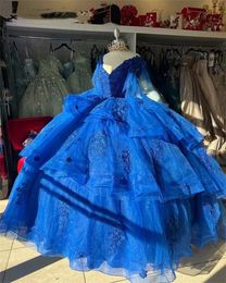 Royal Blue Princess Ball Gown Quinceanera Dresses Off Shoulder Flowers Lace Appliques Crystals Beads Sweet Dress