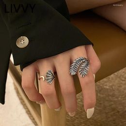 Cluster Rings Thai Silver Colour Adjustable Opening Female Fashion Creative Vintage Punk Feather Ginkgo Leaves Party Accessories Gifts