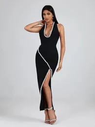 Casual Dresses Long Bandage Dress Black Women Maxi Party Bodycon Elegant Beaded Sexy Halter Backless Birthday Club Evening Outfits