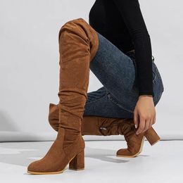 Boots Pleated Round Toe Suede Zip Woman Thick High Heels Winter Over Knee Solid Colour Gladiator Shoes Long Tube Slim 2023