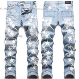 Amirs Designer Mens Jeans High Street Hole Star Patch Men's Womens Amirs Star Embroidery Panel Trousers Stretch Slim-fit Trousers Pants Size 910